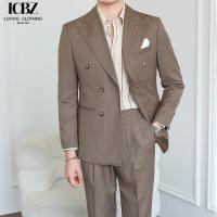 China Italian Vintage Brown Suit Double Breasted Striped Jacket for Men's Professional Look on sale