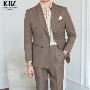 China Italian Vintage Brown Suit Double Breasted Striped Jacket for Men's Professional Look supplier
