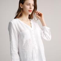 Woven Pleated v neck linen shirt summer plain three quarter sleeve tops for ladies