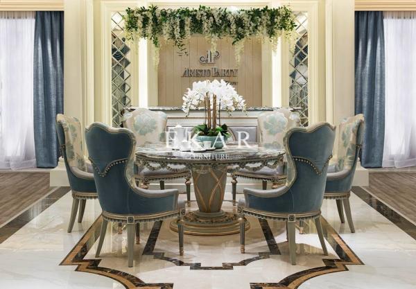 New italian Luxury Dinner Room Marble Top Wooden Carved Elegant Round Dining
