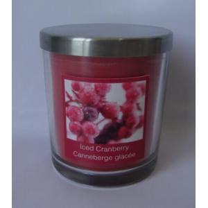 China Scented decor glass candle with metal lid and printed front label,100% paraffin wax supplier