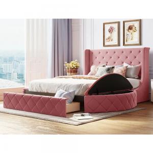 Customized beds luxury velvet beds queen size king size pink color modern functional beds for bedroom for hotel