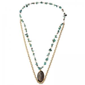 Gray Agate Semi Precious Pendant Handmade Turquoise Beaded Chain Necklace Multi Layer