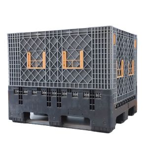 China HDPE Solid Plastic Box Packaging Plastic Pallet Bulk Container With Wheel Heavy Duty 4 Way Entry Solid Storage Stackable Pallet Boxs With Wheels wholesale