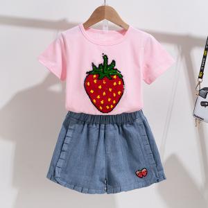 China White And Pink Strawberry Cotton Little Girls Clothes Girls Outfit Sets supplier