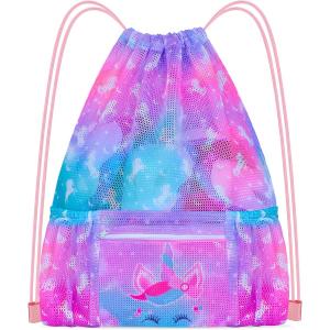 Mesh Drawstring Backpack Bag with Zipper Pocket Beach Bag for Swimming Gear Backpack Gym Storage Bag for Kids