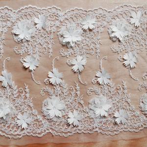 China Beautiful White 3D Flower Lace Fabric , Double Edge Alencon Beaded Lace Fabric supplier
