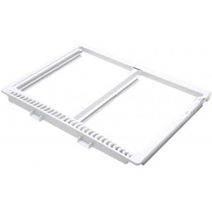 Refridgerator crisper pan cover with tempered glass, white plastic profile