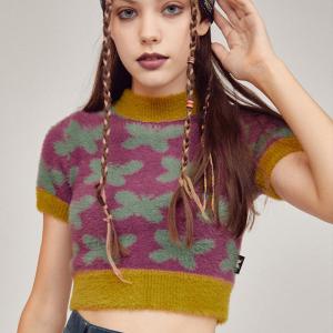 Short Sleeve Crop Top Knit Sweater Jacquard Woolen Sweaters For Ladies