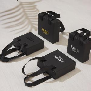 China Custom Logo Printed Black Cute Slide Jewelry Packaging Display Gift Box With Ribbon Handle supplier