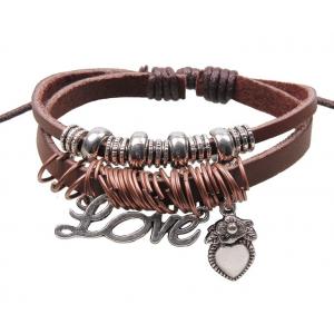 China Double strands LOVE charm leather bracelet, ringed beads genuine leather band supplier