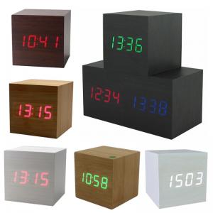 China Hot USB/AAA Powered Cube LED Digital Alarm Clock Square Modern Sound Control Wood Clock Display Temperature Night Light supplier