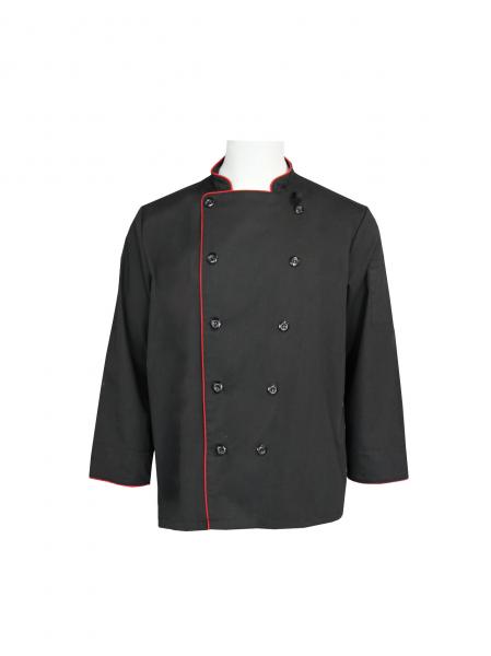 240G Black Chef Jacket Long Sleeve Polyester 65% Cotton 35% With Red Pipings