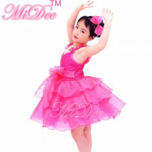 China Flower Kids Dance Clothes Straps Sequines Bodice Tiers Organza Dress With Ruffled Skirt supplier
