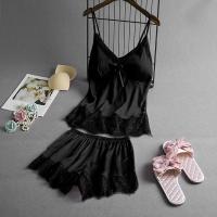 China Summer Sleeveless Ice Silk Sexy Suspenders Knickers Lace Satin Pajama Set For Women on sale