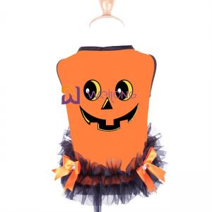 China Satin Ribbon Bow Halloween Pet Dress Round Neck Design Pumpkin Dog Dress supplier