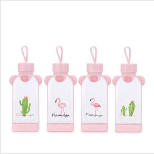China Flamingo Shape Cute Glass Bottle , Pink Glass Bottle With Silicone Sleeve supplier