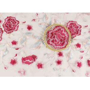 Polyester Red Rose Chemical Embroidered Tulle Lace Fabric For Wedding Dress