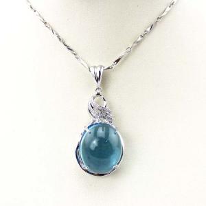China Sterling Silver Chain Oval Dome Blue Topaz Cubic Zirconia Charm Pendant Necklace(PSJ0291) supplier