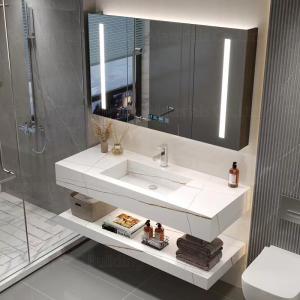 China Oem Bathroom Vanity Units Sintered Stone Countertop Basin Led Mirror Storage Cabinets supplier