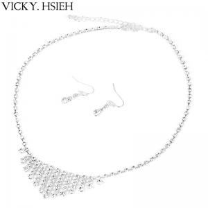 VICKY.HSIEH Silver Bridal Crystal Rhinestone Stick Fan Shape Necklace and Earring Sets