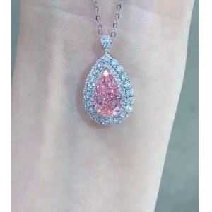 Synthetic Lab Created Pear Diamond Pendant Necklace 3.46ct VS1 Pink Color