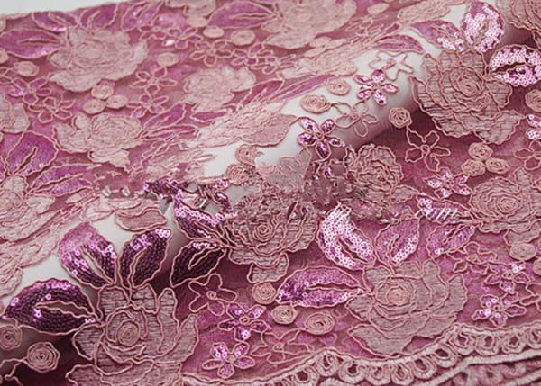 Embroidery Corded Pink Sequin Lace Fabric With Scalloped Edging For Party Gown