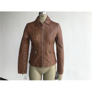 China Ladies Soft Camel Pleather Jacket , Gold Polo Collar Pu Jackets For Womens Tw75798 supplier