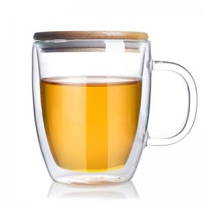 China High Borosilicate Double Wall Glass Tumbler , Transparent Tea Cup With Bamboo Lid supplier