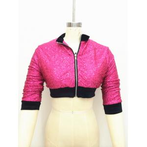 Black Edged Hip Hop Dance Costumes Sequin Half Length Jacket With Front Centre Zipper Half Length Sleeves
