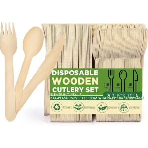 Disposable Wooden Cutlery Set, Pack Of 200 (100 Forks, 50 Spoons, 50 Knives) Biodegradable Compostable Utensils