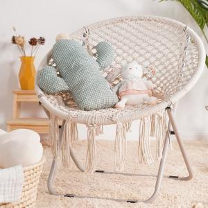 Saucer Chair with Folding Metal Frame, 100% Cotton Handmade Round Cozy Chairs, Exquisite Moon Chair for Bedroom
