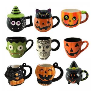 China Custom Ceramic Hand-painted Halloween Coffee Mug Creative 3D Embossed Cat Pumpkin Ghost Skull Witch Monster Mugs supplier