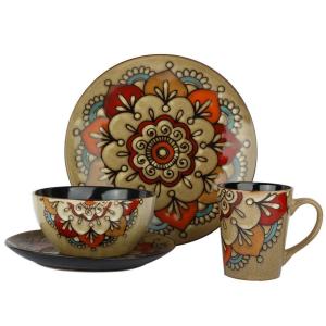 16pcs Ceramic Stoneware Dinnerware Sets Hand Painted Flower Reactive Glaze