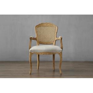 Louis french style rattan back chair wood carved upholstered dining chair linen fabric rental dining chair with armrest