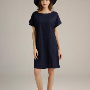 Midi Short Sleeve Womens Casual Linen Dresses Navy Blue Street Style ODM