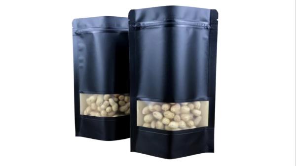 High Quality Low MOQ Black Kraft Paper Flat Bottom Pouch With Window Ziplock For Snack Nuts Food Packaging
