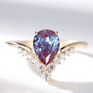 925 Sterling Silver CZ Dainty V Shape Rings Pear Cut Alexandrite Jewelry Ring