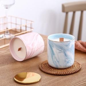 Luxury Home Scented Candles Ceramic Marble Wooden Wick Candle Jars With Metal Lids