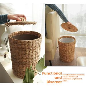 China Wicker Waste Basket - Water Hyacinth Bathroom Garbage Can With A Lid - Bathroom Trash Can Boho Style - Wicker Trash Can With Lid For Household, Kitchen - Removable Liner, Iron Frame wholesale