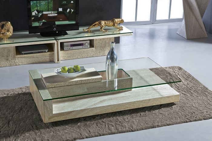 Modern Travertine Stone Coffee Table Rectangle Glass Center Table
