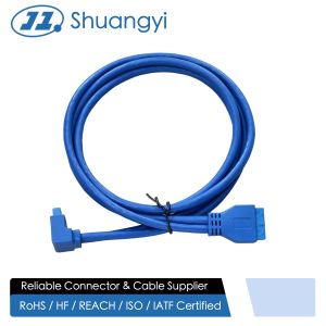 USB 3.0 20-Pin Internal Header Connector Cable, Right-Angle to Straight, Blue Electronic Wire Harness for PC Case Front Panel, Server Signal and Power Transmission Customization