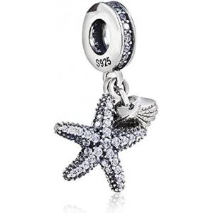 Tropical Starfish & Sea Shell Hanging Charm - 925 Sterling Silver Beads - European Style Bead Charm Bracelet