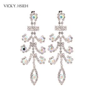 VICKY.HSIEH Rhodium Tone Wedding Bridal Crystal AB Rhinestone Peacock Feather Dangle Earrings