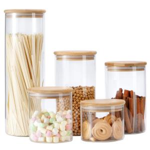 China Smell Proof Bamboo Glass Container Set Food Storage Spice Mason Jar With Dispenser Lid supplier