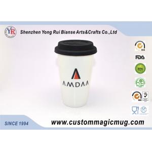 350ml Double Wall Ceramic Mug , Coffee / Tea / Milk Travel Mug With Silicone Lid