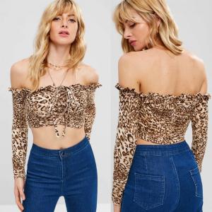 Women Frill Leopard Off Shoulder Crop T-shirt