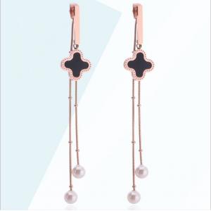 Pearl Pendant  Tassel Stainless Steel  Earrings, Jewellery Fashion Four  Leaf Clover Stud Black Heart Drop Earrings