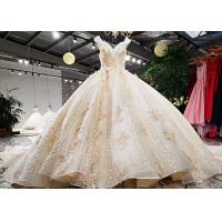 China Luxury Golden Orange Ladies Bridal Gown Sleeveless Lace Beaded Princess Big Tail on sale