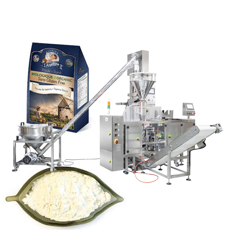 Máquina automática de llenado, sellado y etiquetado de polvo para bolsas de plástico de grado alimenticio y de productos básicos con sistema motorizado